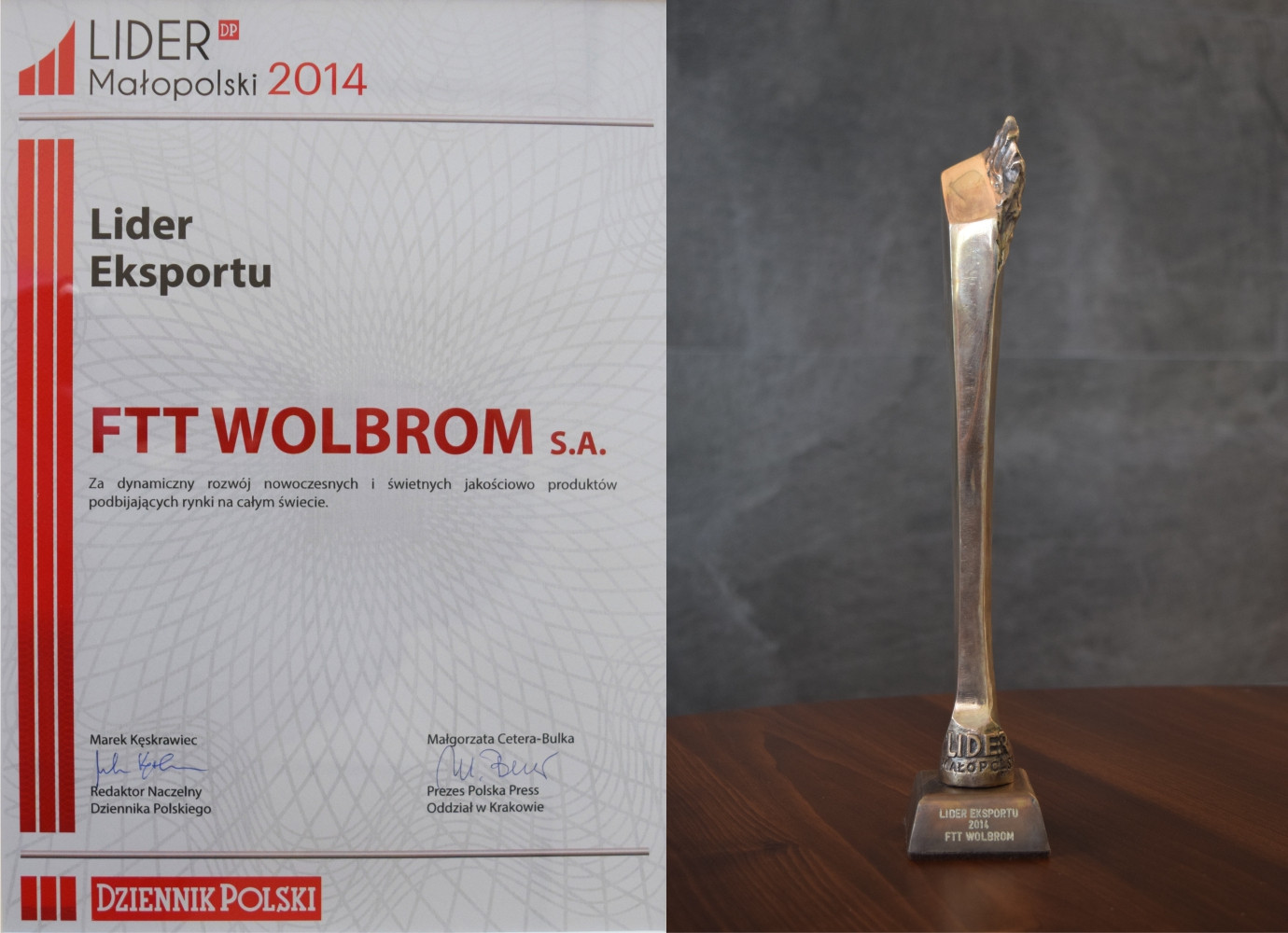 FTT Wolbrom S.A. laureatem konkursu „Lider Małopolski 2014”